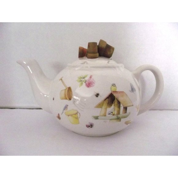 Vtg. 90's Marjolen Bastin Hallmark Teapot Gardening Pot Lid Bird Feeder, Butterf - Picture 2 of 3
